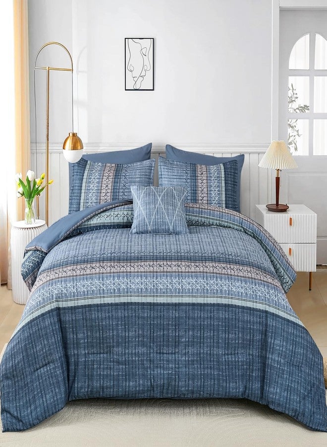 Dintszyayue Blue Comforter Set Queen Size, 8 Pieces Boho Striped Bed in a Bag Soft Microfiber Bedding Set for All Season - Image 2