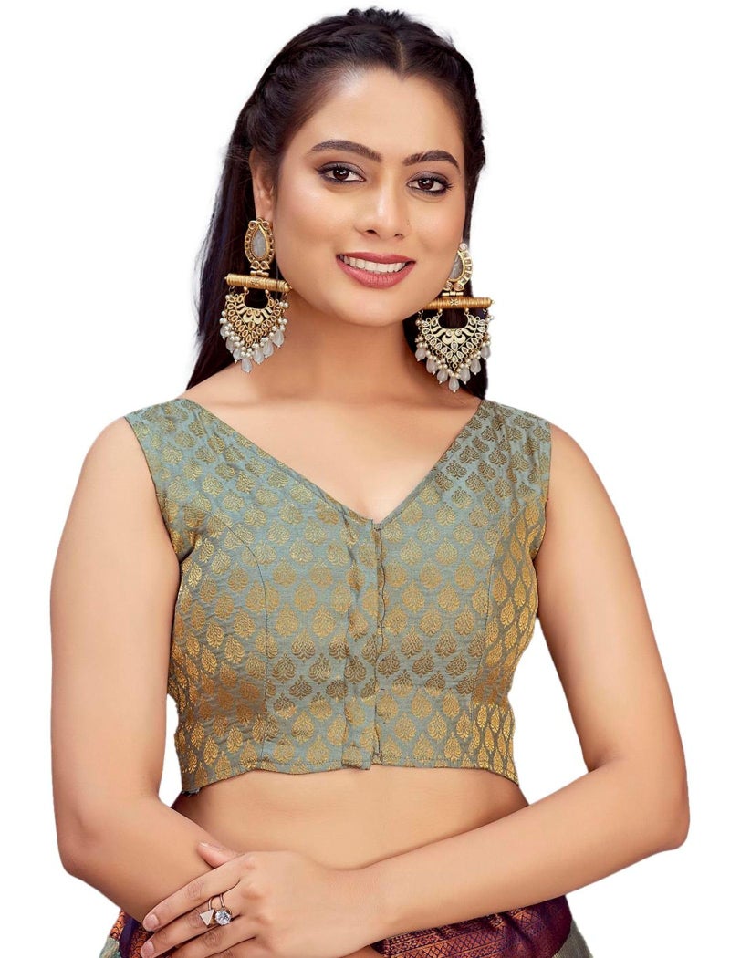 Vardha Women's Art Silk Blouse with Readymade Design and Sleeveless Style and Gold Zari | Blouse for Women - Image 1