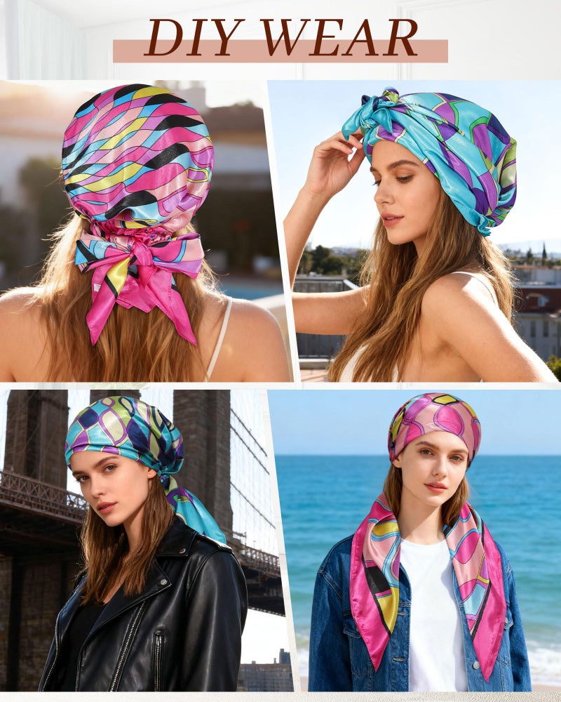 AWAYTR Pretied Head Scarf for Women - 2 Pack Chemo Patients Headwear Cancer Hair Loss Scarf Head Wrap Cover Hat Turban Cover (Geometric Print: Pink+Blue) - Image 4