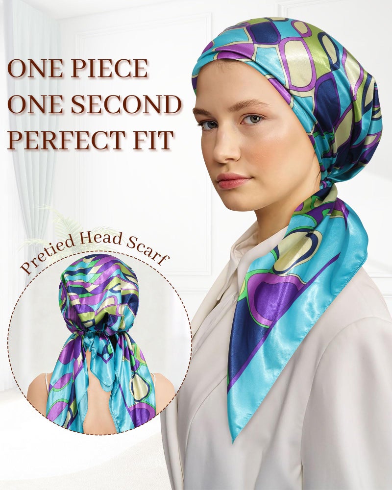 AWAYTR Pretied Head Scarf for Women - 2 Pack Chemo Patients Headwear Cancer Hair Loss Scarf Head Wrap Cover Hat Turban Cover (Geometric Print: Pink+Blue) - Image 2