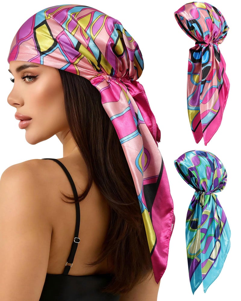 AWAYTR Pretied Head Scarf for Women - 2 Pack Chemo Patients Headwear Cancer Hair Loss Scarf Head Wrap Cover Hat Turban Cover (Geometric Print: Pink+Blue) - Image 1