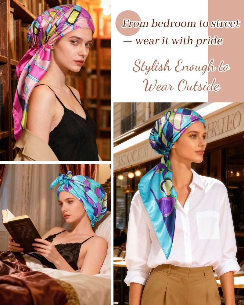 AWAYTR Pretied Head Scarf for Women - 2 Pack Chemo Patients Headwear Cancer Hair Loss Scarf Head Wrap Cover Hat Turban Cover (Geometric Print: Pink+Blue) - Image 5
