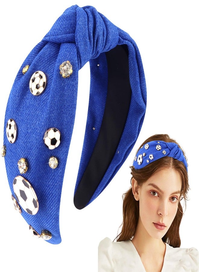 Hapdoo Royal Blue Soccer Rhinestone Jeweled Knotted Headbandn Wide Game Day Sports Hair Accessories Gift for Football Fans - Image 1