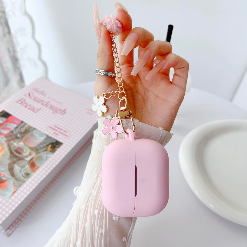 OTOPO Cute Pink Case for Samsung Galaxy Buds 3/3 Pro/3 FE Cover for Girl Women with Pom pom Flower Keychain & Cleaner Pen, Soft Silicone Galaxy Bud Pro 3/Buds3/Bud 3 FE Protective Cover Skin - Image 2