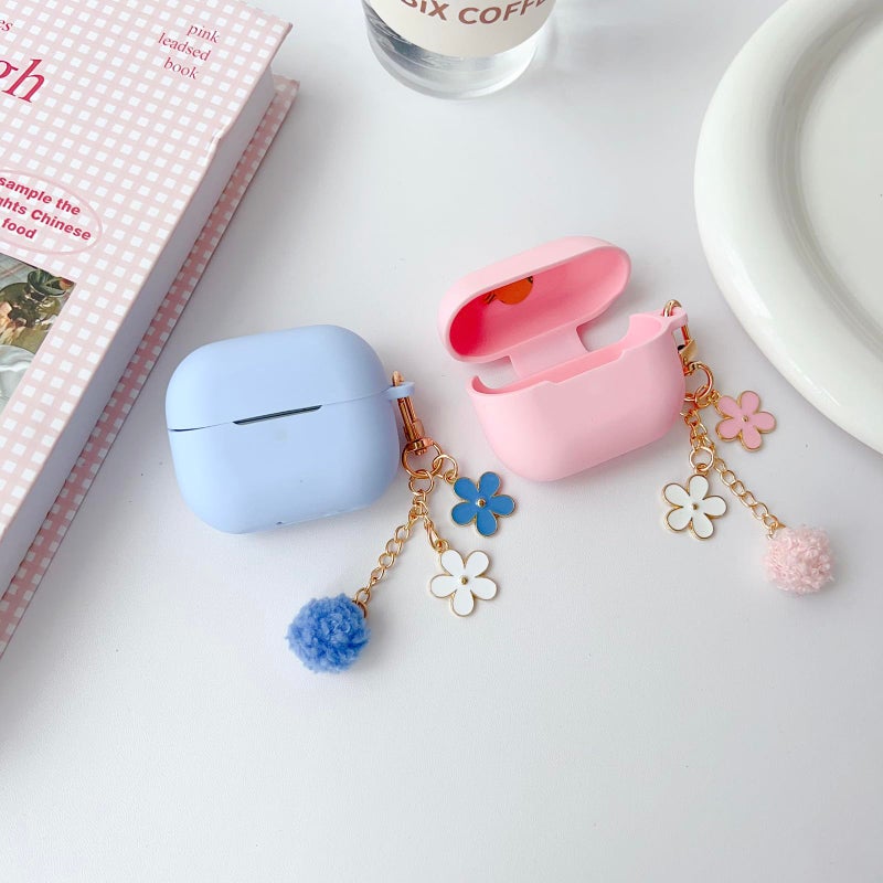OTOPO Cute Pink Case for Samsung Galaxy Buds 3/3 Pro/3 FE Cover for Girl Women with Pom pom Flower Keychain & Cleaner Pen, Soft Silicone Galaxy Bud Pro 3/Buds3/Bud 3 FE Protective Cover Skin - Image 5