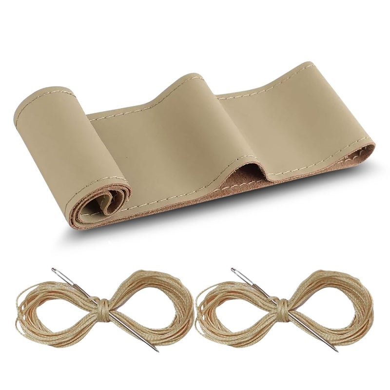 GLSOWEE Car Genuine Leather Steering Wheel Cover DIY Sewing with Needle and Thread Breathable and AntiSlip Universal 15 Inch Car Steering Wheel Stitching Wrap Beige Glossy - Image 2