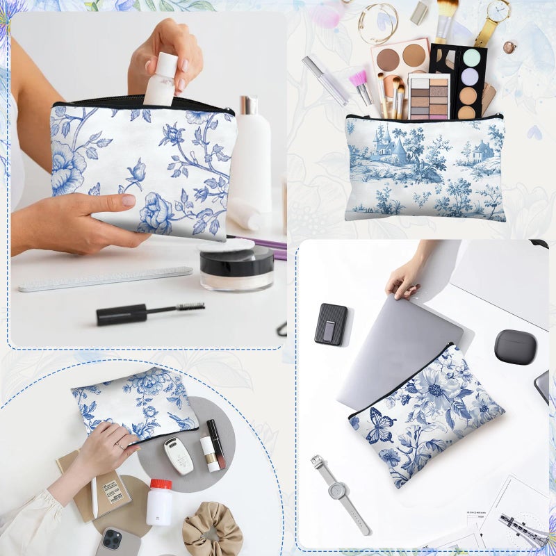 Stuffygreenus 16 Pcs Floral Cosmetic Bags Bulk for Women Blue and White Floral Makeup Bags Chinoiserie Canvas Travel Zipper Pouches Aesthetic Toiletry Bag for Girls Women Bridesmaids Wedding Supplies - Image 3
