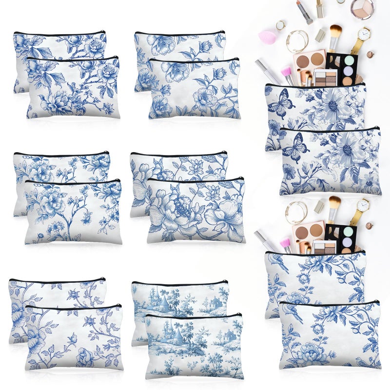 Stuffygreenus 16 Pcs Floral Cosmetic Bags Bulk for Women Blue and White Floral Makeup Bags Chinoiserie Canvas Travel Zipper Pouches Aesthetic Toiletry Bag for Girls Women Bridesmaids Wedding Supplies - Image 1