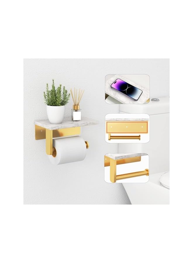 S-TOP Toilet Paper Holder with Marble Shelf, 304 Stainless Steel Wall Mounted Tissue Roll Holder, Matte Black Bathroom Accessory for Washroom & Toilet Decor (Gold) - Image 2