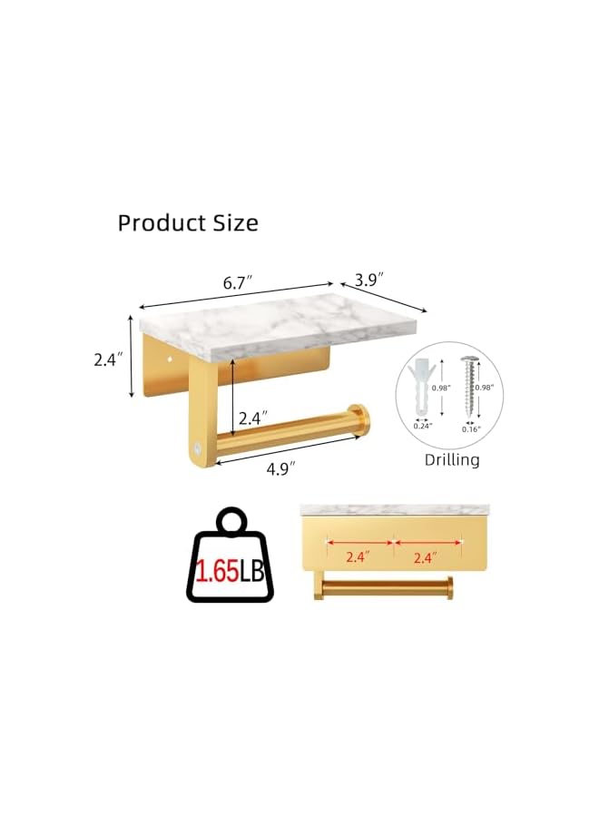 S-TOP Toilet Paper Holder with Marble Shelf, 304 Stainless Steel Wall Mounted Tissue Roll Holder, Matte Black Bathroom Accessory for Washroom & Toilet Decor (Gold) - Image 5