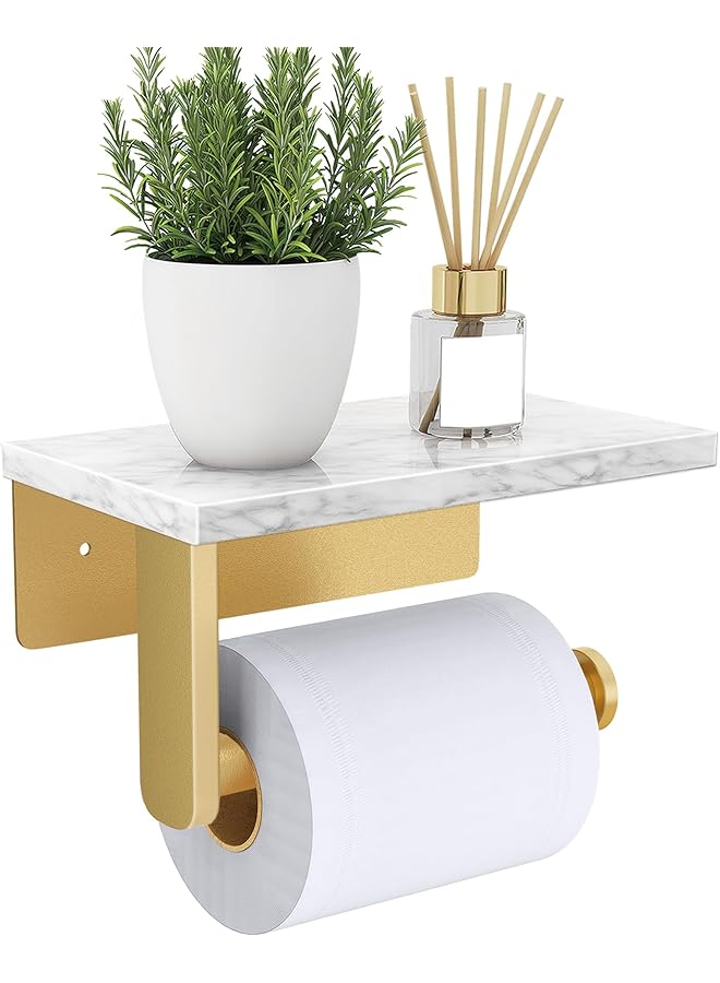 S-TOP Toilet Paper Holder with Marble Shelf, 304 Stainless Steel Wall Mounted Tissue Roll Holder, Matte Black Bathroom Accessory for Washroom & Toilet Decor (Gold) - Image 1
