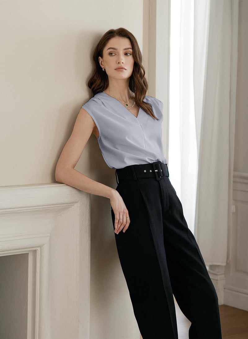 EVALESS Womens Tank Tops Dressy Casual Pleated V Neck Sleeveless Work Blouses Summer Outfits Trendy 2026 Gray S - Image 4