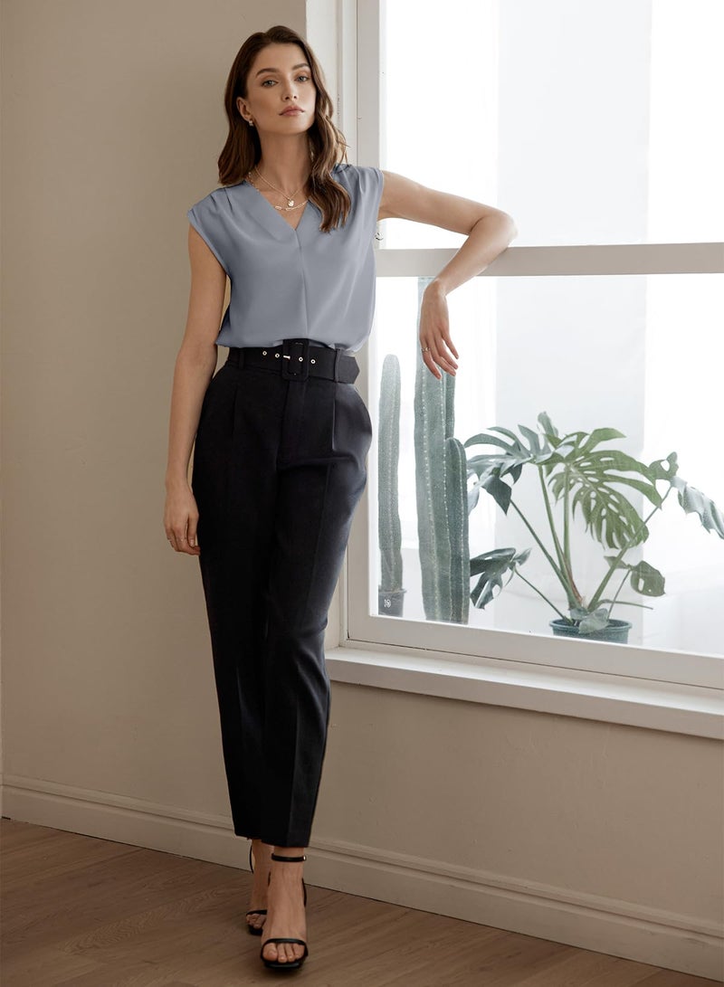 EVALESS Womens Tank Tops Dressy Casual Pleated V Neck Sleeveless Work Blouses Summer Outfits Trendy 2026 Gray S - Image 5