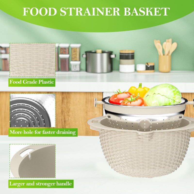 UTTKOJ 4-1 Colander with Bowl Set - Rotatable Strainers for Kitchen, Food Strainers and Colanders, Funny Presents for Women, Fruit Cleaner, Veggie Wash, Aesthetic Kitchen Gadget Essentials - Beige - Image 3
