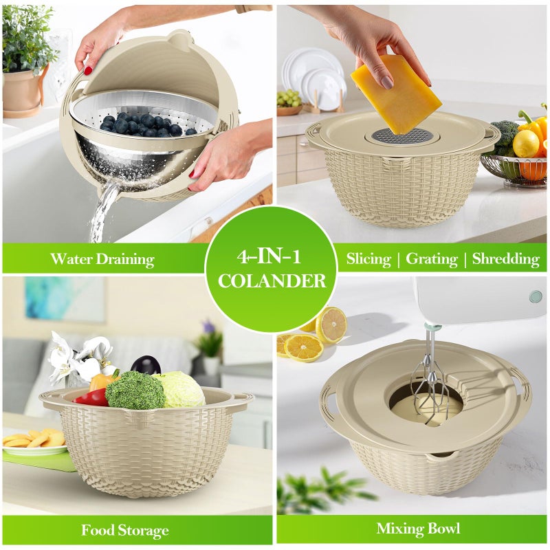 UTTKOJ 4-1 Colander with Bowl Set - Rotatable Strainers for Kitchen, Food Strainers and Colanders, Funny Presents for Women, Fruit Cleaner, Veggie Wash, Aesthetic Kitchen Gadget Essentials - Beige - Image 2