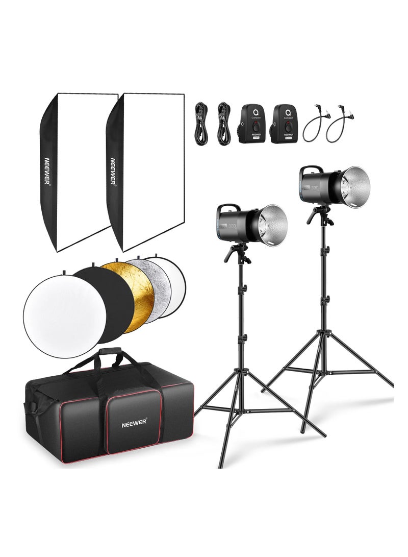نيوير NEEWER S101-300W Pro Studio Flash Lighting Kit (New Version, UK) – 2× 300W Strobe Lights + 2× Light Stands + 2× Softboxes + 2× Wireless Triggers + Reflector + Carrying Bag black - Image 1