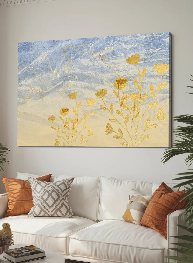 LOWHA Canvas Wall Art Stretched Over Wooden Frame with Golden Flowers Design