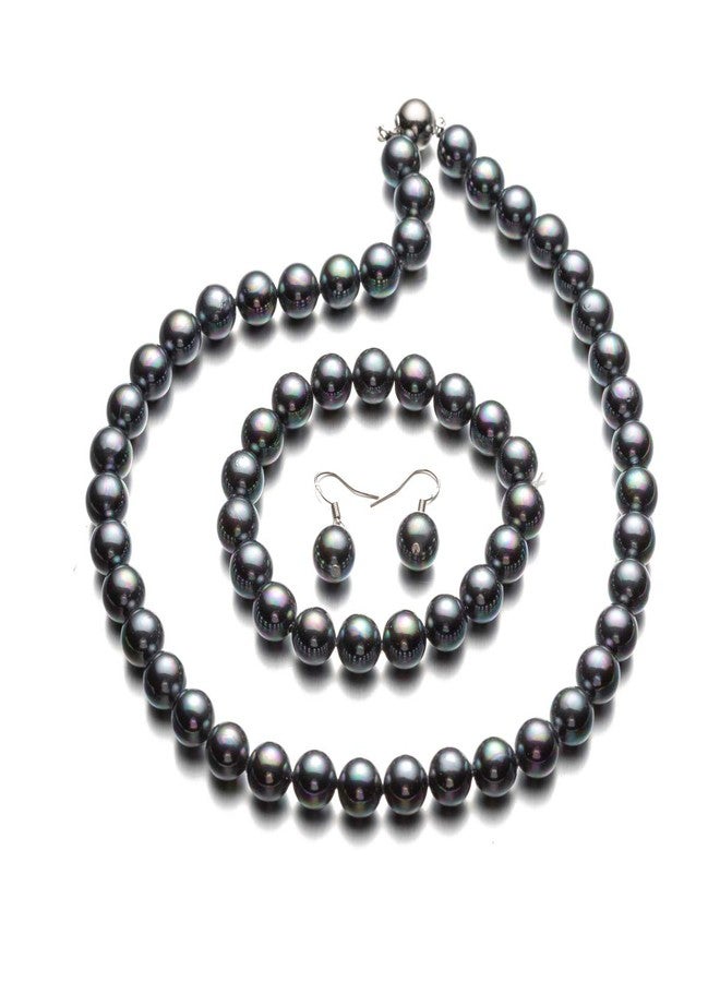 LUREME Fashion Style Pearl Elastic Necklace Bracelet Dangle Earring Set-Black(09000649-5) - Image 1
