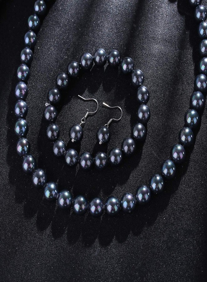 LUREME Fashion Style Pearl Elastic Necklace Bracelet Dangle Earring Set-Black(09000649-5) - Image 5