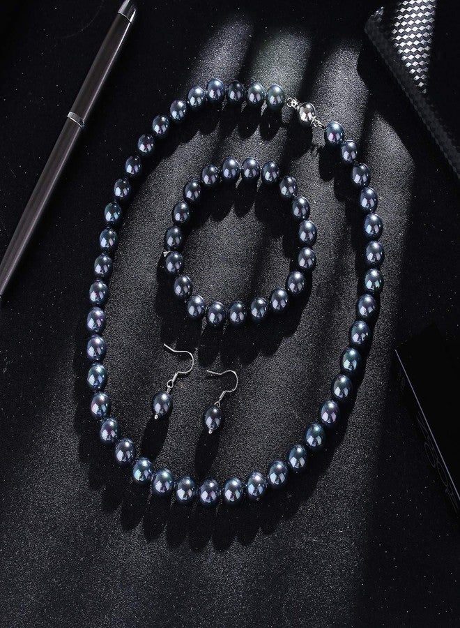 LUREME Fashion Style Pearl Elastic Necklace Bracelet Dangle Earring Set-Black(09000649-5) - Image 4