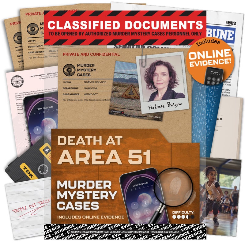 Lucky Egg MMC Death at Area 51 Thrilling Murder Mystery Games for Adults in a Classified Military Base 47 Evidence Pieces 150 Min Gameplay 355 Difficulty Cold Case Files Game for 110 Players - Image 2
