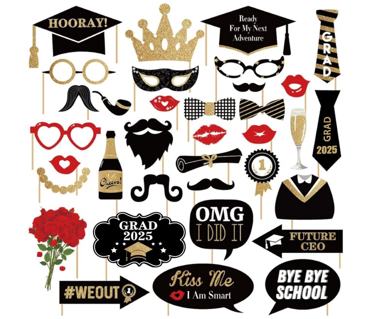 PADELO Happy Graduation 2025 Photo Booth Props 35pcs Funny Large Graduation Photo Props Class of 2025 Grad Decor with Sticks for Kids Boy Girl Women Men Graduation Party Favors Supplies Decorations - Image 1