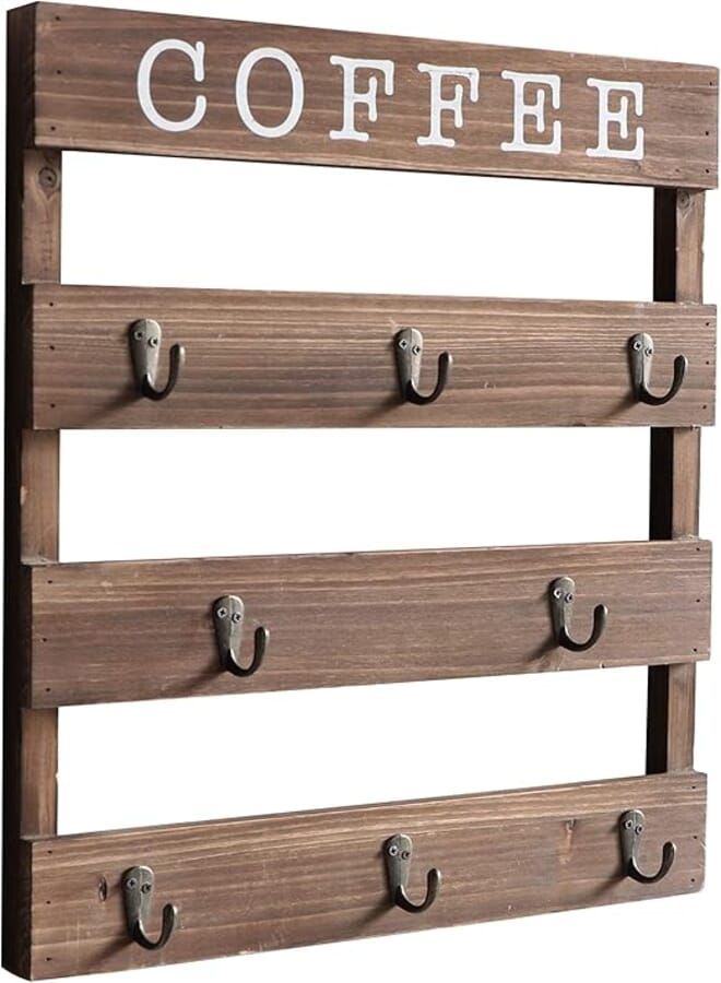 Emaison Coffee Mug Holder, Wall Mounted Rustic Wood Cup Organizer with 8 Hooks for Home, Kitchen Display Storage and Collection（Brown,15 x 2.5 X17.7 inch） Brown ESON800003