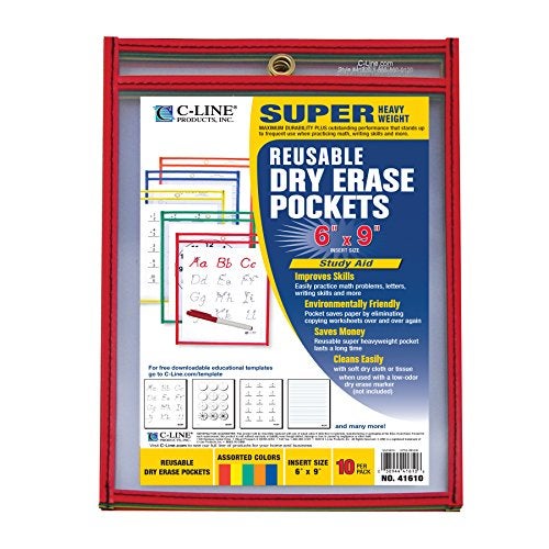 C-Line Reusable Dry Erase Pockets, 6 x 9 Inches, Assorted Primary Colors, 10 Pockets per Pack (41610) - Image 2