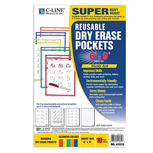 C-Line Reusable Dry Erase Pockets, 6 x 9 Inches, Assorted Primary Colors, 10 Pockets per Pack (41610) - Image 3