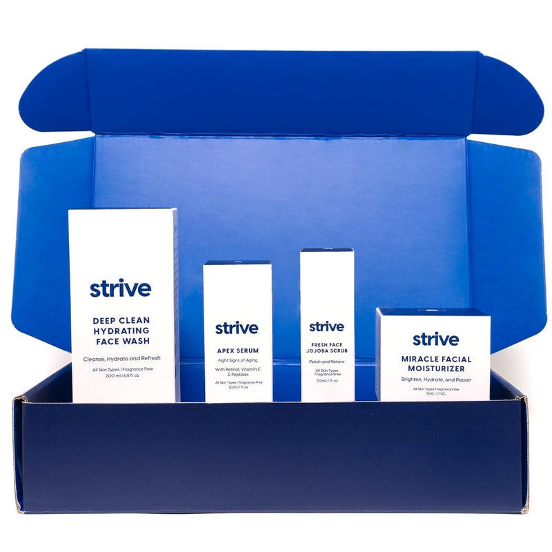 Strive Apex Skin Care Set Advanced Anti Aging Fragrance Free All Skin Types Fights Dark Circles Dull Skin Peptides Retinal Vitamin C Niacinamide Face Wash Scrub Moisturizer Serum - Image 1