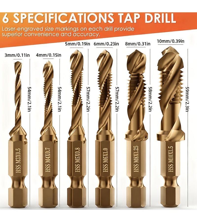 6pcs M3 To M10 Heavy Duty Drill And Tap Set With Countersink Deburring Functions - Image 2