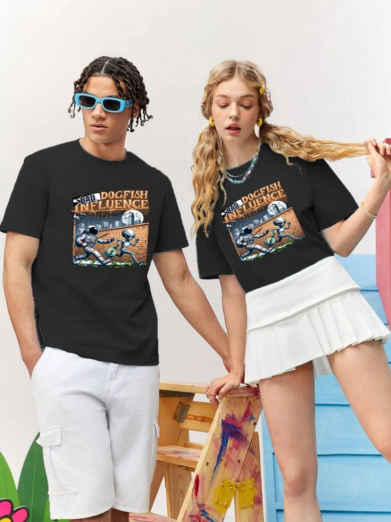 دوغ فش Lover Combination Couple Fun Graphic Printed Oversize Cotton T-Shirt 2-Pack