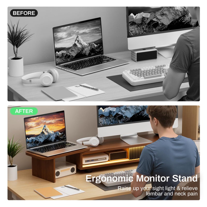 Artswish Dual Monitor Riser with Charging Station & Light, 45 inch Long Computer Monitor Stand with Storage, Desk Shelf for 2 Monitors, Office Monitor Stand for Top of Desk, Walnut Color, Adjustable Angle - Image 4