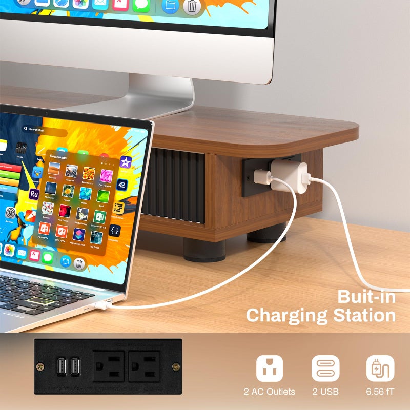 Artswish Dual Monitor Riser with Charging Station & Light, 45 inch Long Computer Monitor Stand with Storage, Desk Shelf for 2 Monitors, Office Monitor Stand for Top of Desk, Walnut Color, Adjustable Angle - Image 3