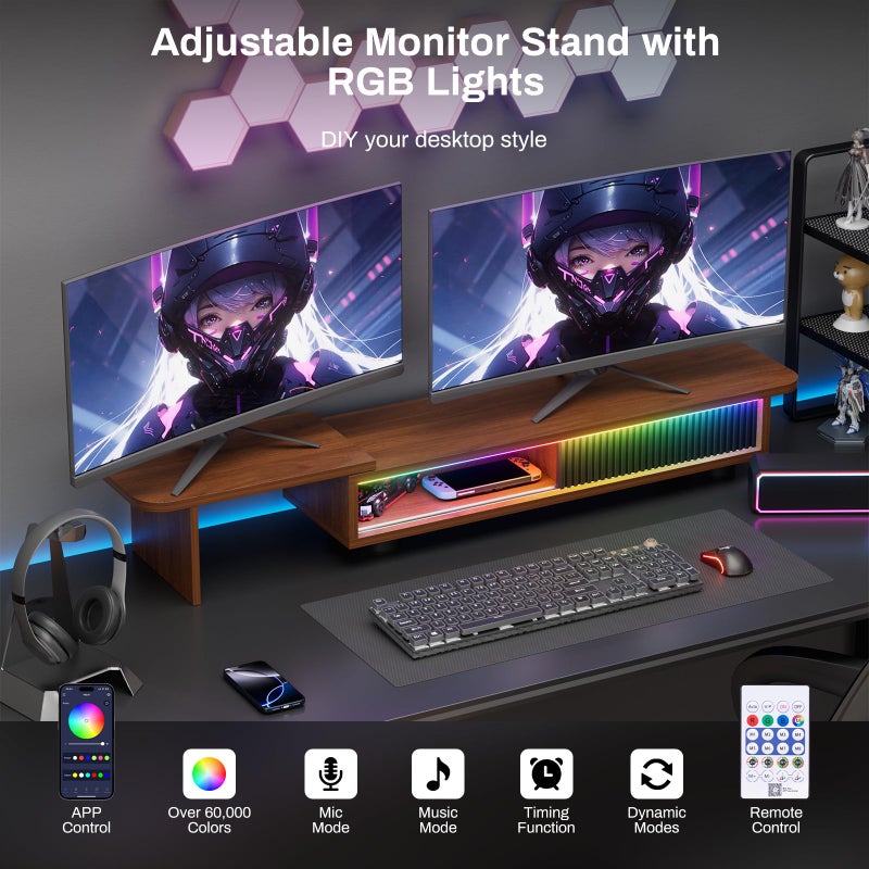 Artswish Dual Monitor Riser with Charging Station & Light, 45 inch Long Computer Monitor Stand with Storage, Desk Shelf for 2 Monitors, Office Monitor Stand for Top of Desk, Walnut Color, Adjustable Angle - Image 5