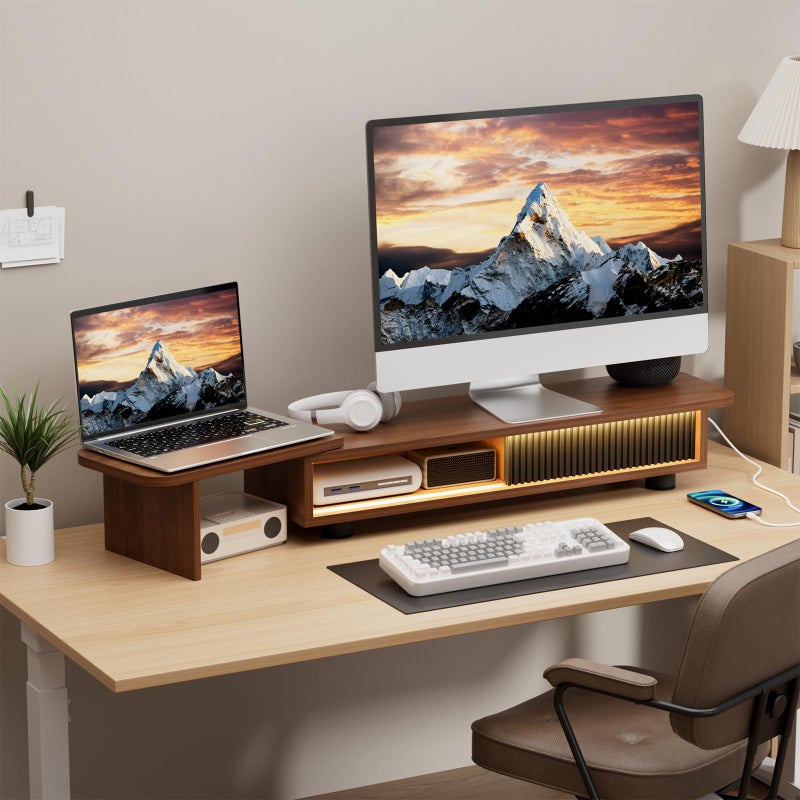 Artswish Dual Monitor Riser with Charging Station & Light, 45 inch Long Computer Monitor Stand with Storage, Desk Shelf for 2 Monitors, Office Monitor Stand for Top of Desk, Walnut Color, Adjustable Angle - Image 1