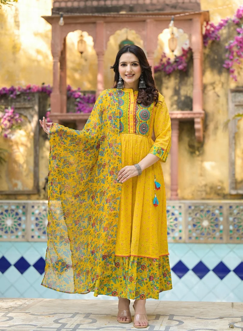 Studio blue Yellow Printed Flared Kurti Dress with Dupatta