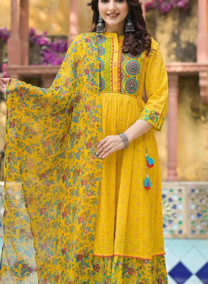 Studio blue Yellow Printed Flared Kurti Dress with Dupatta