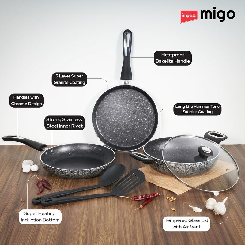 Impex Impex Aluminium Migo Nonstick Granite 6 Pcs Induction Bottom Cookware Set 3 Mm Thick,Festival Gift Set Mfkt 6,5-Layer Super Granite Coated Cookware Set,Hammer Tone Exterior Finish,1 Yr Warranty, Grey - Image 3
