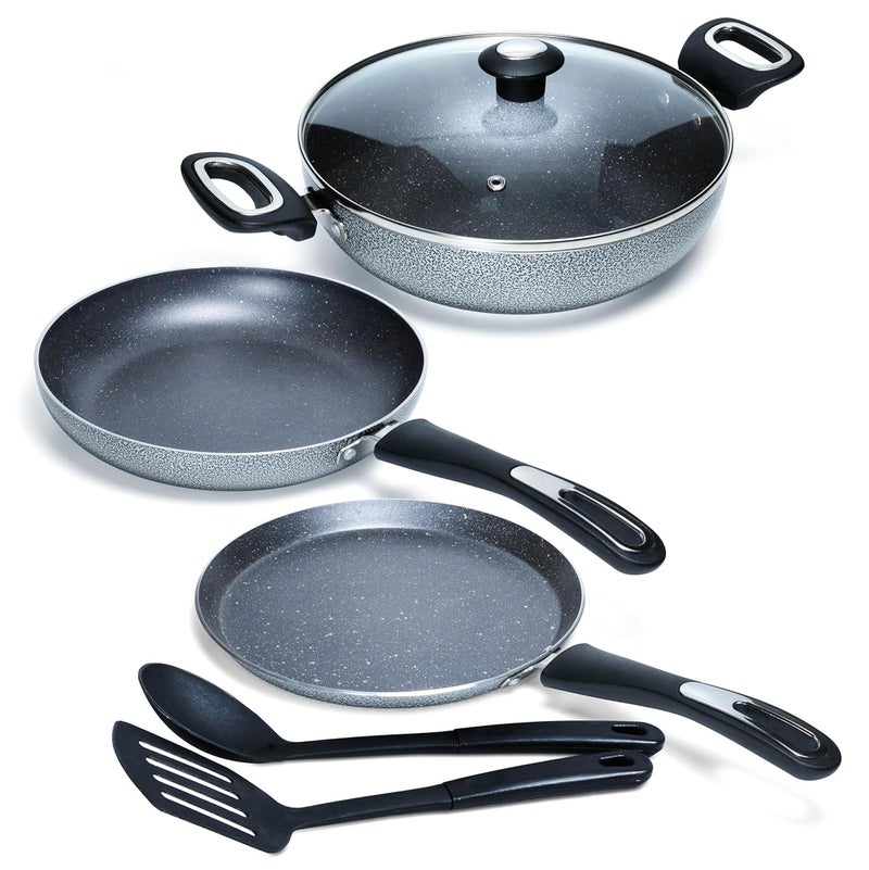 Impex Impex Aluminium Migo Nonstick Granite 6 Pcs Induction Bottom Cookware Set 3 Mm Thick,Festival Gift Set Mfkt 6,5-Layer Super Granite Coated Cookware Set,Hammer Tone Exterior Finish,1 Yr Warranty, Grey - Image 1
