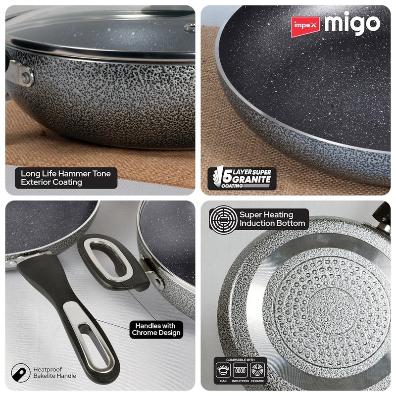 Impex Impex Aluminium Migo Nonstick Granite 6 Pcs Induction Bottom Cookware Set 3 Mm Thick,Festival Gift Set Mfkt 6,5-Layer Super Granite Coated Cookware Set,Hammer Tone Exterior Finish,1 Yr Warranty, Grey - Image 4