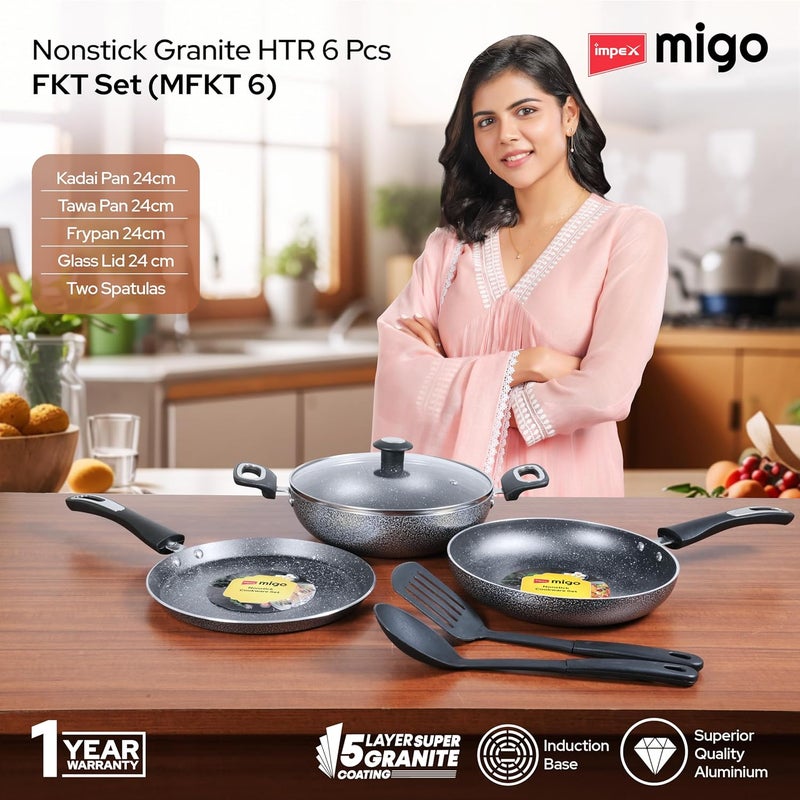 Impex Impex Aluminium Migo Nonstick Granite 6 Pcs Induction Bottom Cookware Set 3 Mm Thick,Festival Gift Set Mfkt 6,5-Layer Super Granite Coated Cookware Set,Hammer Tone Exterior Finish,1 Yr Warranty, Grey - Image 2