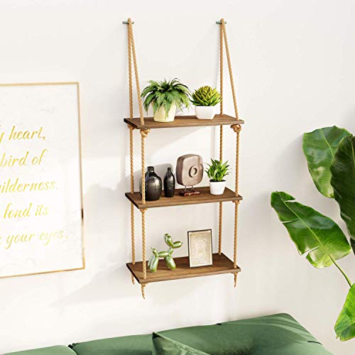 DS Enterprise |Real Pine Wood Floating Shelves, Hanging Swing Rope Shelves, Rustic Wall Decor Swing Shelf, Wall Shelves for Living Room/Home/Office Decor (3 Tier, 12 x 5 in) - Image 3