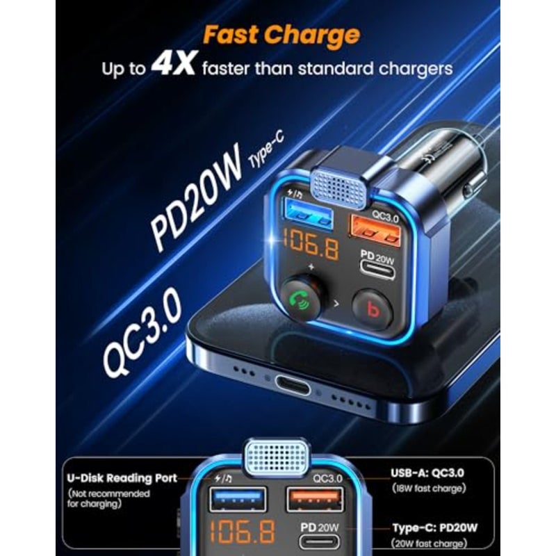 جهاز إرسال FM للسيارة، طقم محول راديو لاسلكي بلوتوث 5.3 للسيارة، PD3.0 Type C 20W+QC3.0 شاحن سريع للسيارة، مكالمات بدون استخدام اليدين، صوت جهير عالي الدقة يدعم قرص U - Image 5