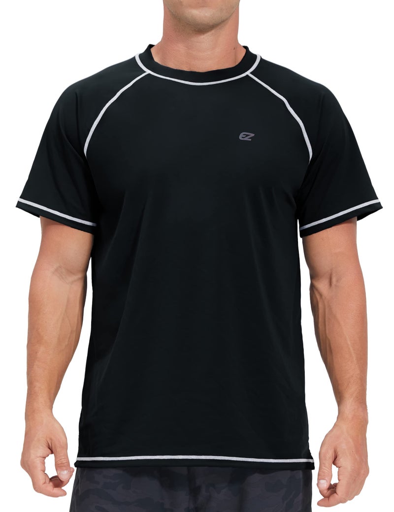 EZRUN قمصان سباحة للرجال واقي من الشمس UPF 50+ تي شيرت حماية من الأشعة فوق البنفسجية سريع الجفاف لصيد الأسماك والشاطئ تي شيرت بأكمام قصيرة (أسود، 4XL) - Image 1