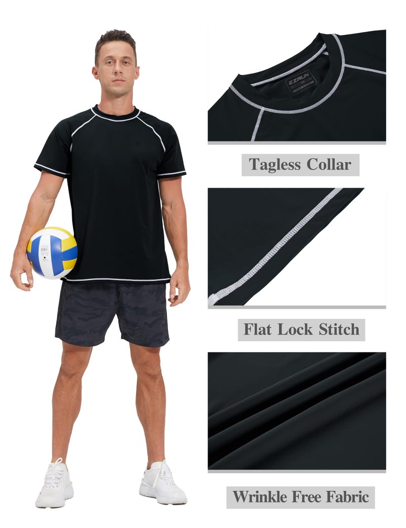 EZRUN قمصان سباحة للرجال واقي من الشمس UPF 50+ تي شيرت حماية من الأشعة فوق البنفسجية سريع الجفاف لصيد الأسماك والشاطئ تي شيرت بأكمام قصيرة (أسود، 4XL) - Image 3