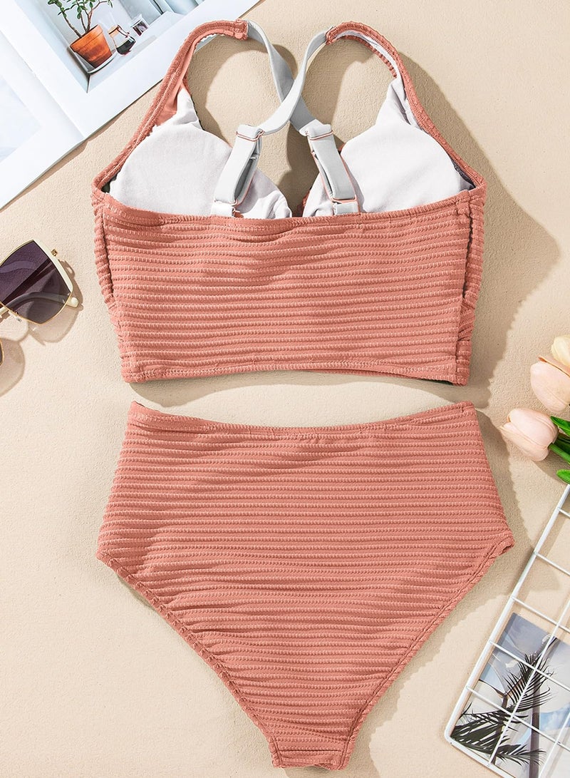 Herseas Womens Bikini Sets Knot Twist V Neck Swimsuits High Waisted Textured Push Up Cute Wireless Pink Vacation Outfit Large - Image 5