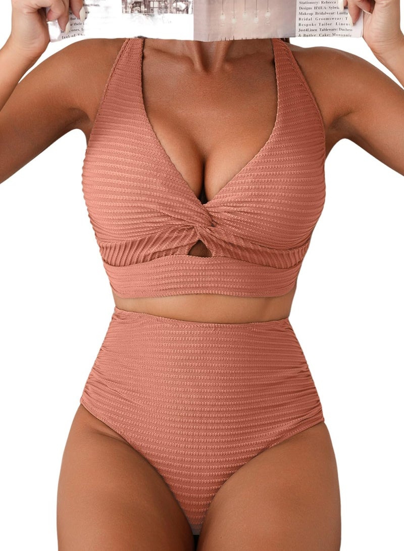 Herseas Womens Bikini Sets Knot Twist V Neck Swimsuits High Waisted Textured Push Up Cute Wireless Pink Vacation Outfit Large - Image 1