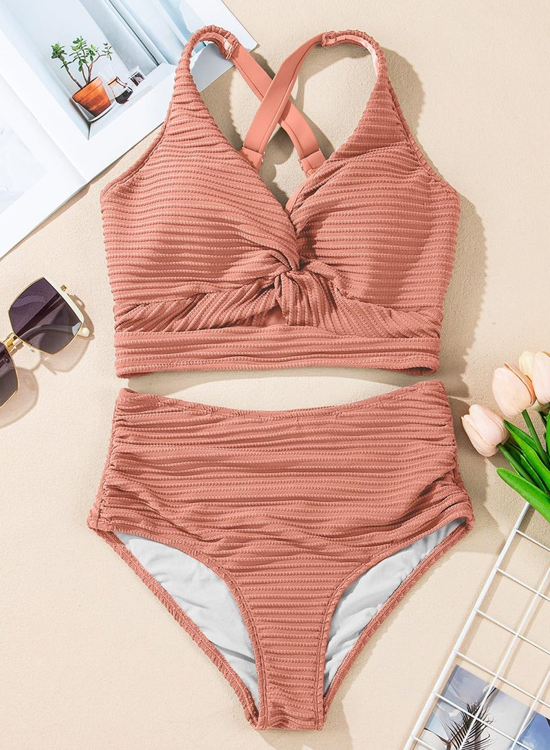 Herseas Womens Bikini Sets Knot Twist V Neck Swimsuits High Waisted Textured Push Up Cute Wireless Pink Vacation Outfit Large - Image 4