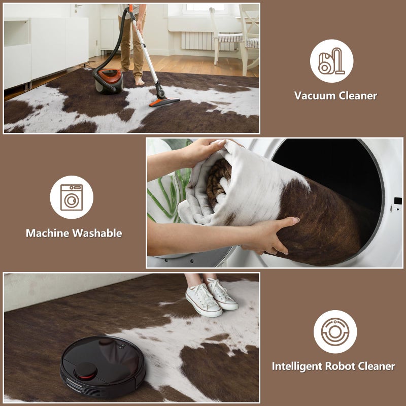 DweIke Washable Area Rugs for Living Room, 4x6 Soft Bedroom Rugs, Cowhide Print Non-Slip Animal Rug, Stain Resistant Throw Carpet for Office Nursery Dining Room Western Home Decor, Brown - Image 5